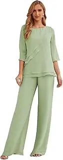 [Glamorybride] Women's 2 Piece Chiffon Half Sleeve Mother of The Bride Pant Suits Wedding Guest