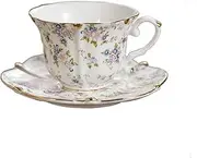[FUENYEJIA] 200ML English Porcelain Ceramic Coffee Cup, European-Style Patterned Tea Cup and Saucer Set, Retro Luxury Gold-Trimmed Afternoon Tea Cup (Floral)