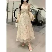 Spaghetti Strap Floral Midi A-Line Sundress 8925 - Almond - XL