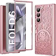 Jarttarn Case Compatible with Samsung Galaxy Z Fold 6 with Hinge Protection, Rugged Electroplating PC Case Screen Camera Protection Anti-Drop Shockproof Protective Cover (Pink)