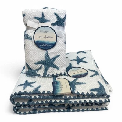 4pc Cynthia Rowley Blue Starfish Bath + HandTowel Set Beach Ocean Coastal