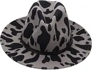 [WOFASHPURET] Cow Print Beanie Hat Felt Hats for Women Fedora Hats for Women Classy Caps Big Brim Hat Wide Brim Fedora Wide Hat Woolen Jazz Cap Cow Pattern Hat Stylish Hat Beige Woolen Material