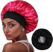 Double Layer Silk Sleep Bonnets for Women, Satin Bonnet Reversible Satin Night Sleep Cap Hair Bonnet for Women Curly Hair Braids (Hot Pink/Black)