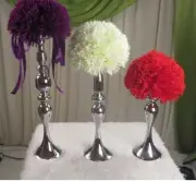 Wedding Flower Ball Feather Ball Stand Candle Holder Centerpiece Silver Set of 3