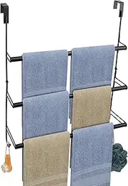 Livabber 3-Tier Over The Door Towel Rack, All Metal Towel Rack with Hooks for Door Hanging, Behind Door Towel Bar Towel Storage Holder for Bathroom Accessories, 19.37" L x 5.9" Wx 24.4" H(Black)