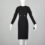 S Geoffrey Beene 1990s Black Knit Knee Length Long Sleeve Classic Dress 90s VTG