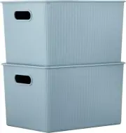 Superio 22L Large Stone Blue Ribbed Storage Bin with Lid, Plastic (2 Pack)