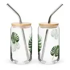 New Can-Shape Glass with Lid & Straw Durable Monstera Leaf Graphic Hand Wash
