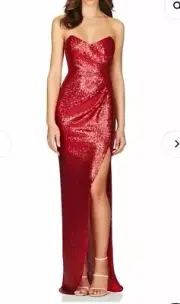 Nookie M Red Strapless Sequin Long Evening Gown Split Glam Star Costume Dress