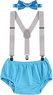 [IWEMEK] Kids Baby Boys First Birthday Cake Smash Outfit Adjustable Y Back Elastic Clip Suspenders Bowtie set Party Braces Pre-tied Bloomers Photo Prop 3-24 Months