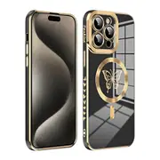 For Apple iPhone 15 Pro Max Butterfly Design MagSafe Magnetic Case with HaloLock Shockproof Military Grade Protection Scratch Resistant Back Protective Cover (Black)