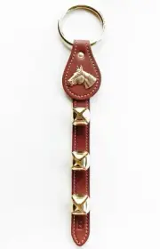 SADDLE BROWN LEATHER HORSE HEAD BELL STRAP WITH BRASS PLATED BELLS