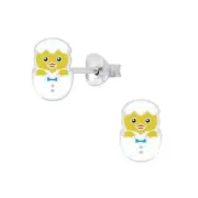 Solid 925 Sterling Silver White Hatching Chicken Enamel Stud Earrings Girls