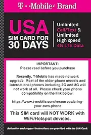 T-Mobile Prepaid SIM Card Unlimited Talk, Text, and Data for 30 Days (for use in United States)