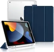 Gahwa Case Clear Compatible with iPad 9th/8th/7th Generation (2021/2020/2019) 10.2 Inches, Lightweight Slim Cover with Transparent Hard Back [Pencil Holder] [Auto Sleep/Wake] - Navy Blue