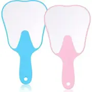2 Pieces Tooth Shaped Handheld Mirror Cute Makeup Mirror Hand Held Pink, Blue