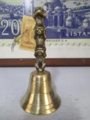Vintage Solid Brass Hand Bell – School Bell, Service Call Bell, 3 Monkey Handle