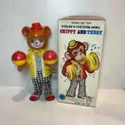 Vintage Tin Wind-up Chippy And Teddy TEDDY Playing Maracas Toy by Alps Japan