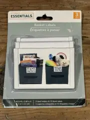 STORAGE ESSENTIALS Clip-On BASKET LABELS White Plastic 3-Holders/12-Labels NEW