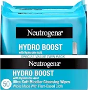 Neutrogena Hydro Boost Facial Cleansing Towelettes + Hyaluronic Acid, Hydrating Makeup Remover Face Wipes Remove Dirt & Waterproof Makeup, Hypoallergenic, 100% Plant-Based Cloth, 2 x 25 ct