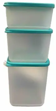 Tupperware Square Round Modular Bright Containers Set of 3 Teal Lid Sheer Base