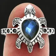 Tortoise - Blue Fire Labradorite Checker 925 Silver Ring s.8 Jewelry R-1076