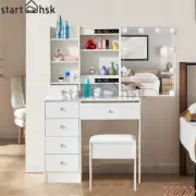 Vanity Makeup Dressing Table Set w/Stool 6 Drawer, Sliding Mirror with 10 Lights