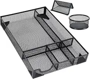 Desk Drawer Organizer Tray- Metal Mesh 5 Compartments Large Space,Multi-use Storage Box Set for Office,Bathroom,Kitchen Flatware,Makeup
