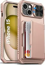 Vihibii for iPhone 15, 14, and 13 Case with Card Holder (4 Cards), RFID Blocking & Slide Lens Camera Cover, Military Grade Drop Protection, Rugged Heavy Duty Wallet Case, Rose Gold