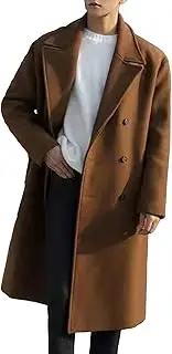 [Qolkmuiy-GJ] Men's Classic Double Breasted Long Overcoat Trendy Casual Long Trench Coat Notch Lapel Wool Blend Peacoat
