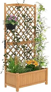Giantex Raised Garden Bed with Trellis, Indoor & Outdoor Plant Container with Diamond Shaped Trellis, Drain Hole, Elevated Foot for Vine Climbing Plants, Free-Standing Planter for Garden Balcony Yard