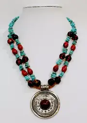 Vintage Faux Turquoise Carnelian Lucite Bead Pendant Necklace 18”+3” Ext