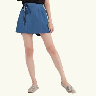 眼圈熊 中大尺碼 R251個性獨特潮流英字綁帶開衩裙襬牛仔短褲裙(藍XL-5L)
