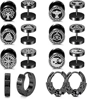 [sailimue] 8Pairs Viking Earrings for Men Stainless Steel Norse Viking Stud Earrings Fake Gauges Plug Viking Huggie Hoop Mens Earrings Wolf Runes Divination Piercing Jewelry 18G Black