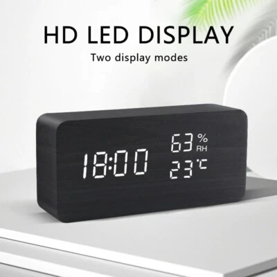 Clock Alarm Wooden Digital Led Thermometer Wood Desk Display Voice Control