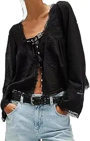 [RUIWANBBY] Women's Lace Tie Front Top Y2k Coquette Long Sleeve Ruffle Button Down Cardigan Shirt Going Out Flowy Peplum Tops