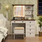 Farmhouse Vanity Set Dressing Table Set w/ Mirror & Lights Hair Dryer Holder