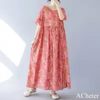 在飛比找momo購物網優惠-【ACheter】簡約時尚波西米亞長裙短袖圓領寬鬆印花連身裙