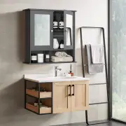 CostwayWall Mounted Hanging Storage Cabinet Cupboard with Doors and 2 Mirrors for Bathroom Laundry-Gray