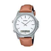 Casio Watch Men White Face 46mm Round Tan Leather Analog Digital Box & Warranty