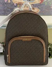 MICHAEL KORS JAYCEE LARGE ZIP POCKET BACKPACK BAG TOTE MK BROWN LOGO LEATHER