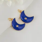 1PC 18K Gold Plated Crescent Moon CZ Pave Blue Enamel Charm Pendant 14X23mm GZX