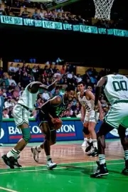Terry Davis Dallas Mavericks looks to score v Reggie Lewis and Rob- Old Photo