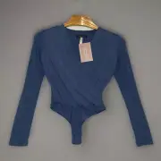 NEW Honey+Lemon Womens Bodysuit Small Modern Navy Blue Long Sleeve Deep V Neck