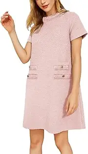 [Foonid] Women's Tweed Dress Short Sleeve Crewneck A Line Shift Mini Dresses for Work Wedding Party