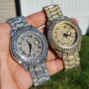 Men Iced Simulated Diamond Gold Silver Finish Date Day Luxury Icy Hip Hop Watch