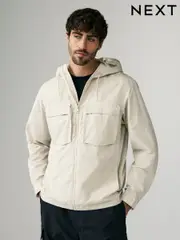 Ecru Bluff Pocket Shacket with Hood (E88747) | $100