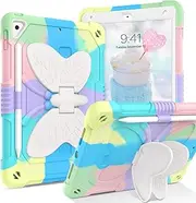 YINLAI iPad 9th 8th 7th Generation Case with Kickstand Butterfly Wings, iPad 10.2 Case (2021/2020/2019) iPad Air 3 Case with Pencil Holder Shockproof Protective Cover Kids Girls, Colorful Green