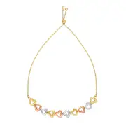 14k Tri Color Gold Heart Charms Adjustable Bracelet, 9.25"