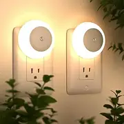 Lylilidy LED Night Lights Plug Into Wall 2 Pack, Dimmable Nightlight Sensor Lights Indoor Night Light Warm White 3000K for Hallway Bathroom Bedroom Kitchen Stair Landings Children's Room(Round-2 Pack)